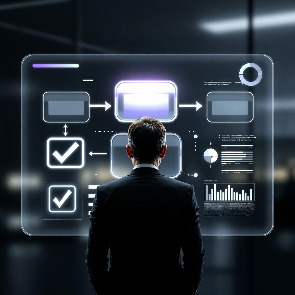 Decyzja o automatyzacji procesów – menedżer analizujący workflow, KPI i dane ROI w systemie AI