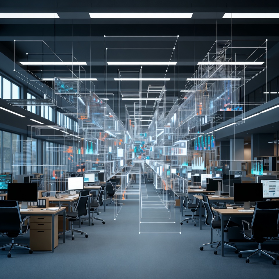 Nowoczesne biuro z niewidzialną architekturą procesów i automatyzacji działających w tle organizacji