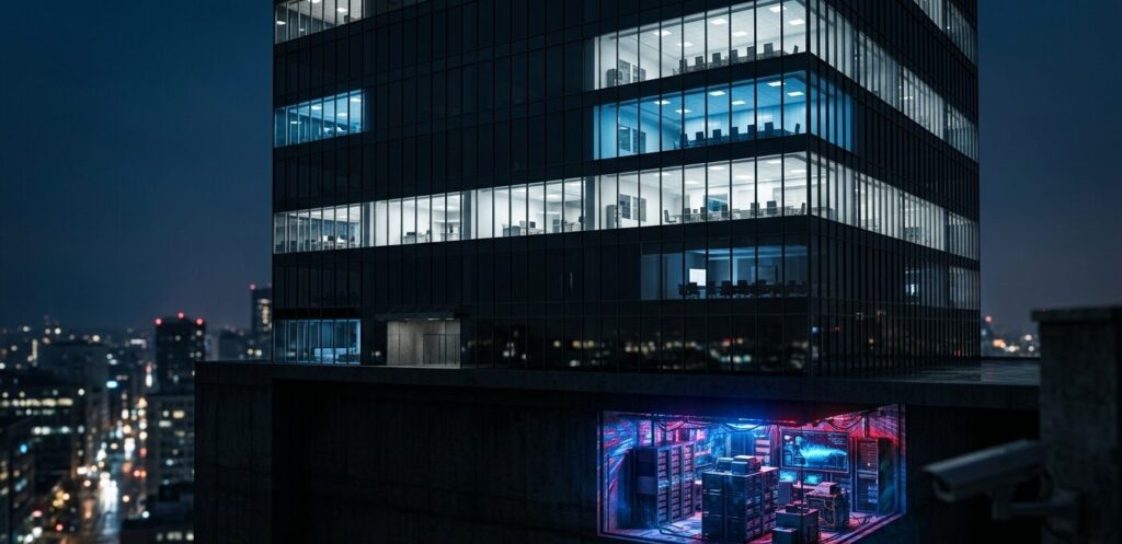 Shadow AI w firmie – biurowiec nocą z ukrytym pomieszczeniem pełnym niekontrolowanych narzędzi AI i wyciekających danych