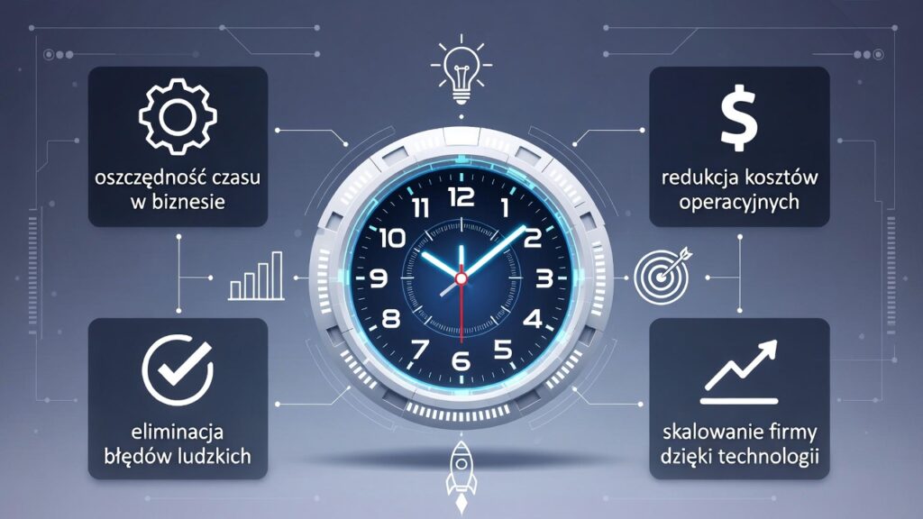 Infografika przedstawiająca zalety automatyzacji procesów w firmie: oszczędność czasu, redukcja kosztów, eliminacja błędów i skalowanie biznesu.